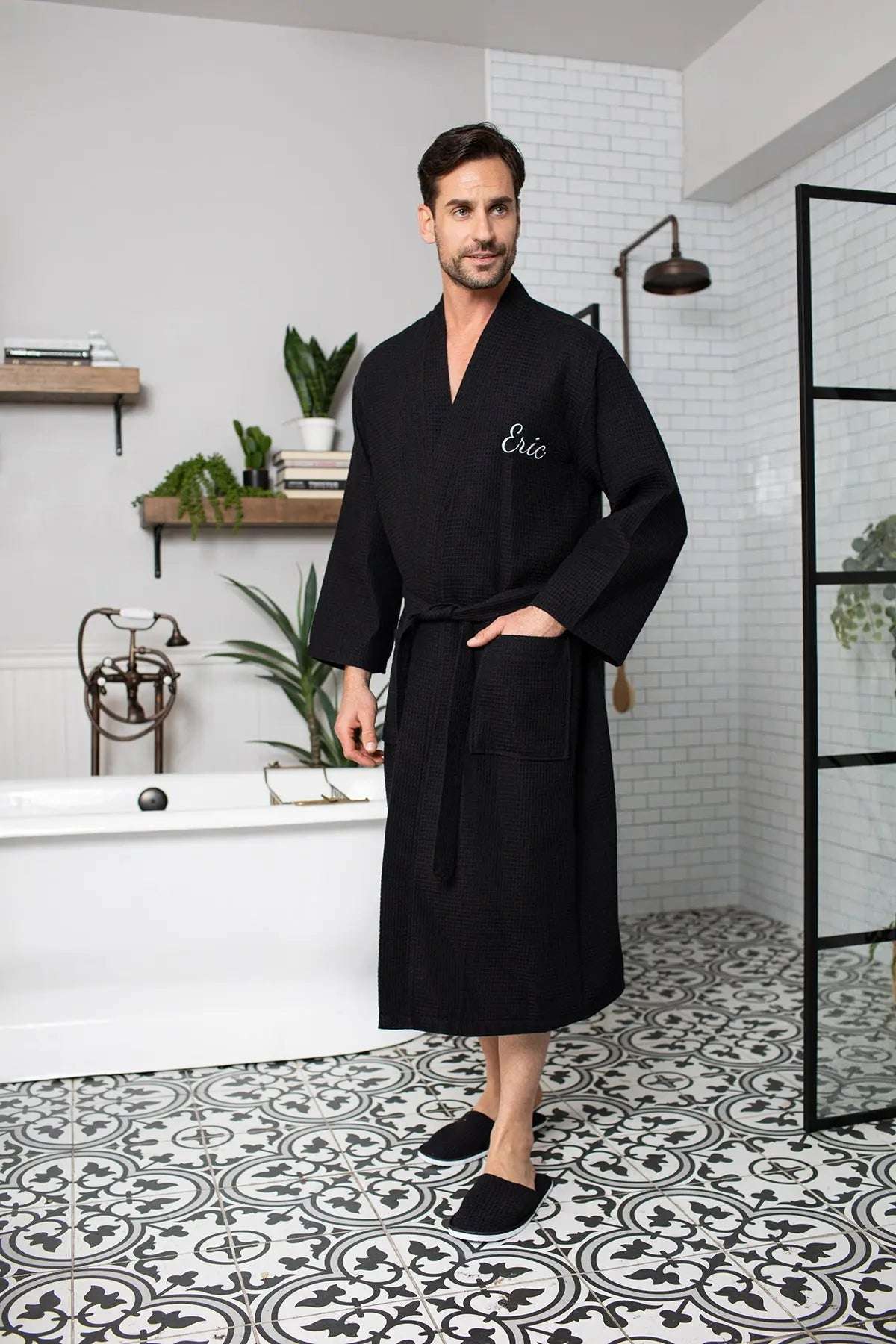 Waffle Kimono Spa Bathrobe for Men - Absorbent, Lightweight