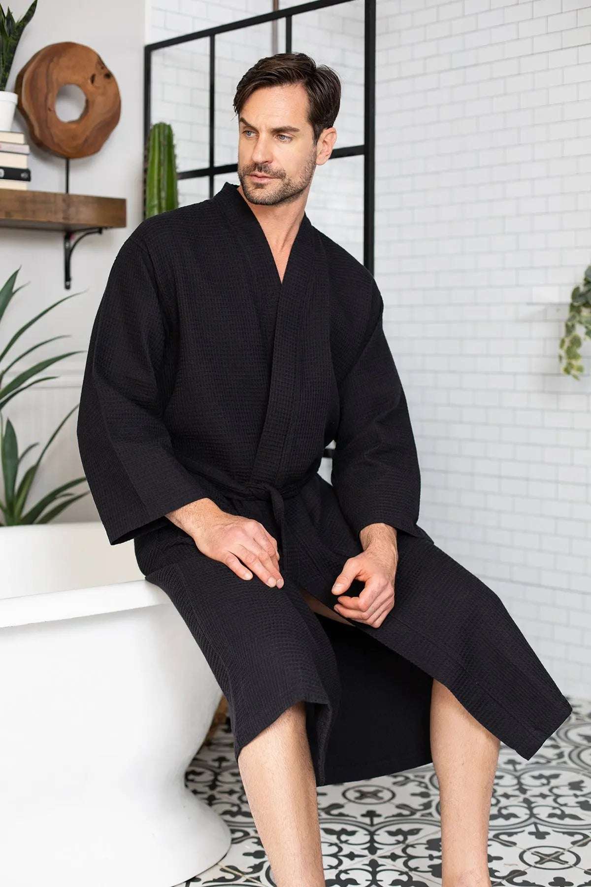 Waffle Kimono Spa Bathrobe for Men - Absorbent, Lightweight