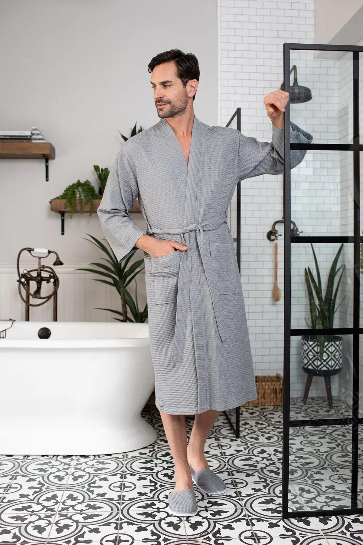 Waffle Kimono Spa Bathrobe for Men - Absorbent, Lightweight