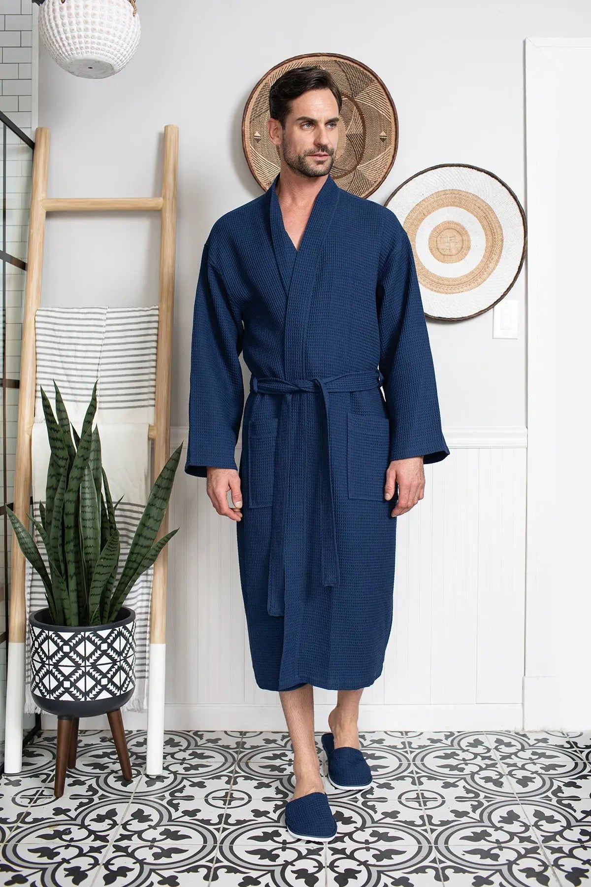 Waffle Kimono Spa Bathrobe for Men - Absorbent, Lightweight