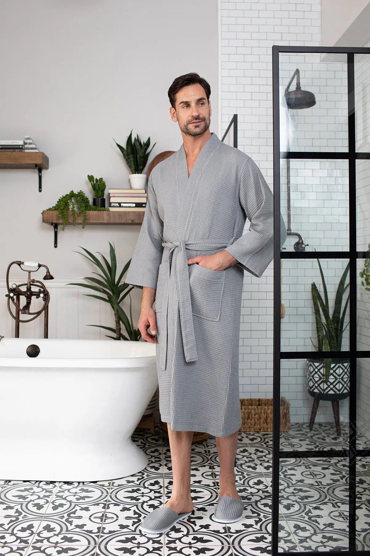 Waffle Kimono Spa Bathrobe for Men - Absorbent, Lightweight