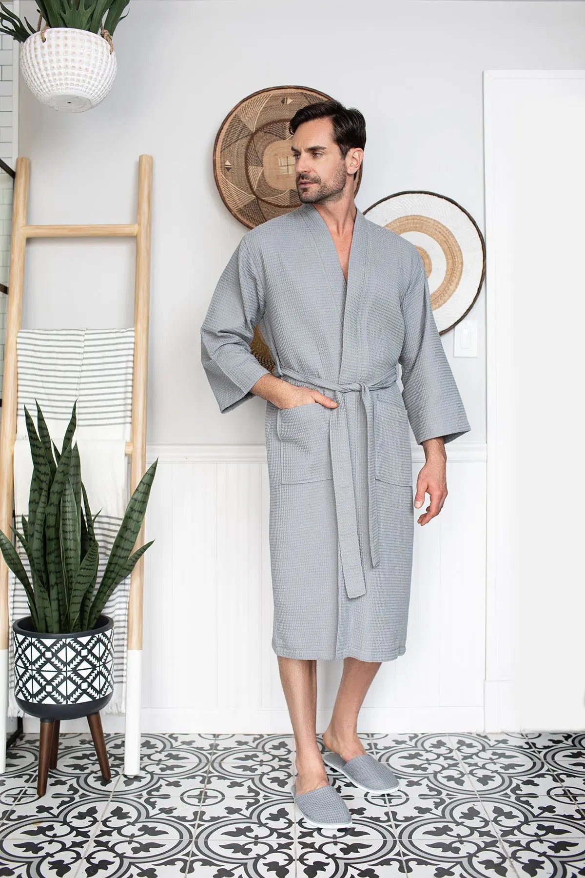 Waffle Kimono Spa Bathrobe for Men - Absorbent, Lightweight