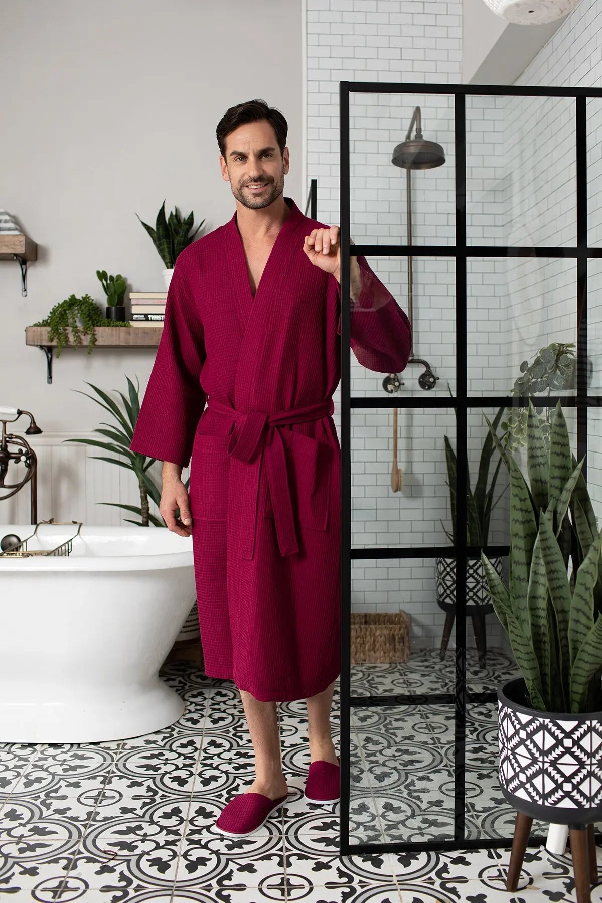 Waffle Kimono Spa Bathrobe for Men - Absorbent, Lightweight
