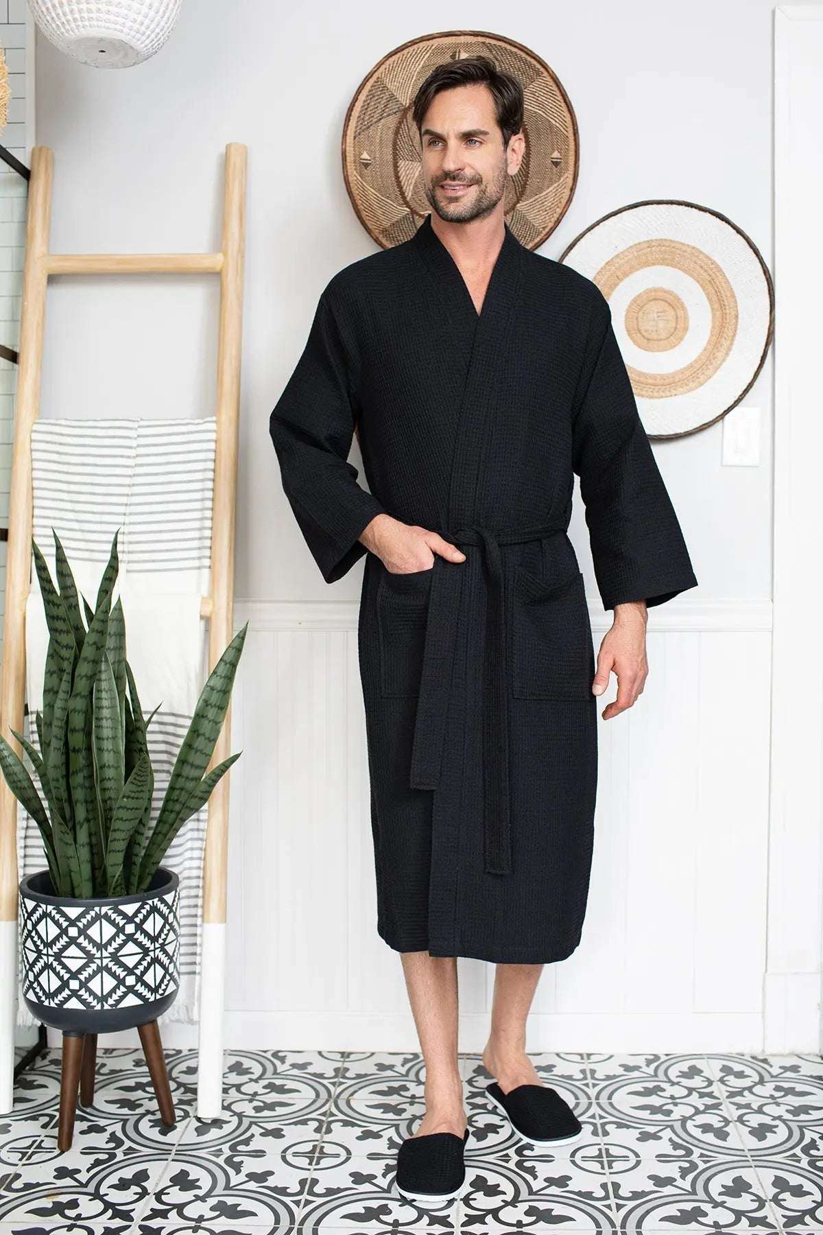 Waffle Kimono Spa Bathrobe for Men - Absorbent, Lightweight