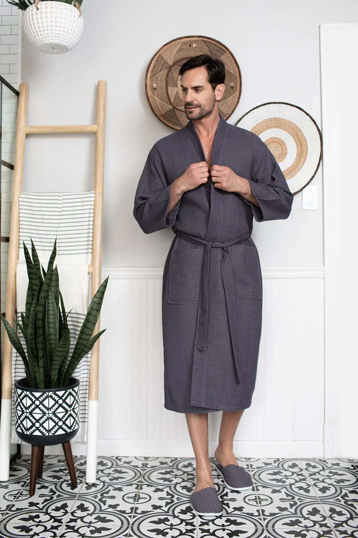 Waffle Kimono Spa Bathrobe for Men - Absorbent, Lightweight