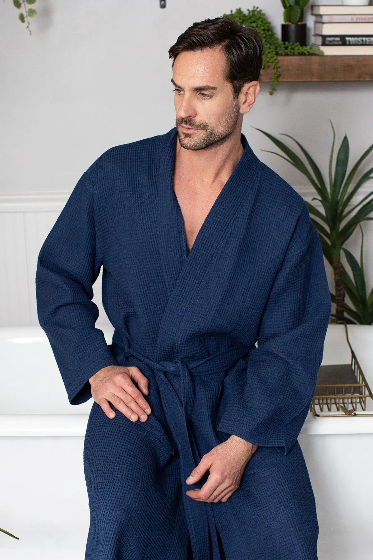 Waffle Kimono Spa Bathrobe for Men - Absorbent, Lightweight