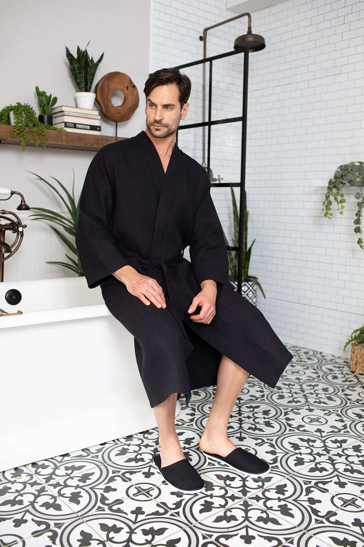 Waffle Kimono Spa Bathrobe for Men - Absorbent, Lightweight