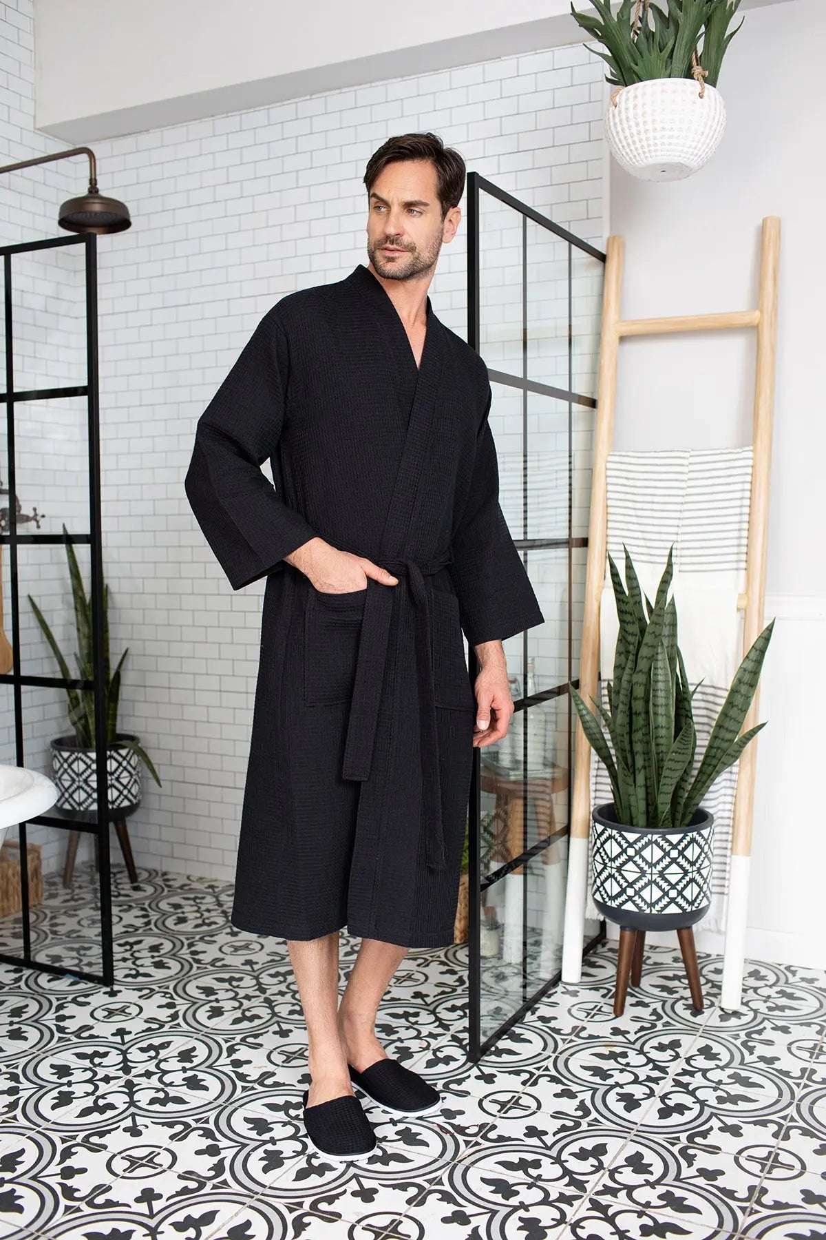 Waffle Kimono Spa Bathrobe for Men - Absorbent, Lightweight