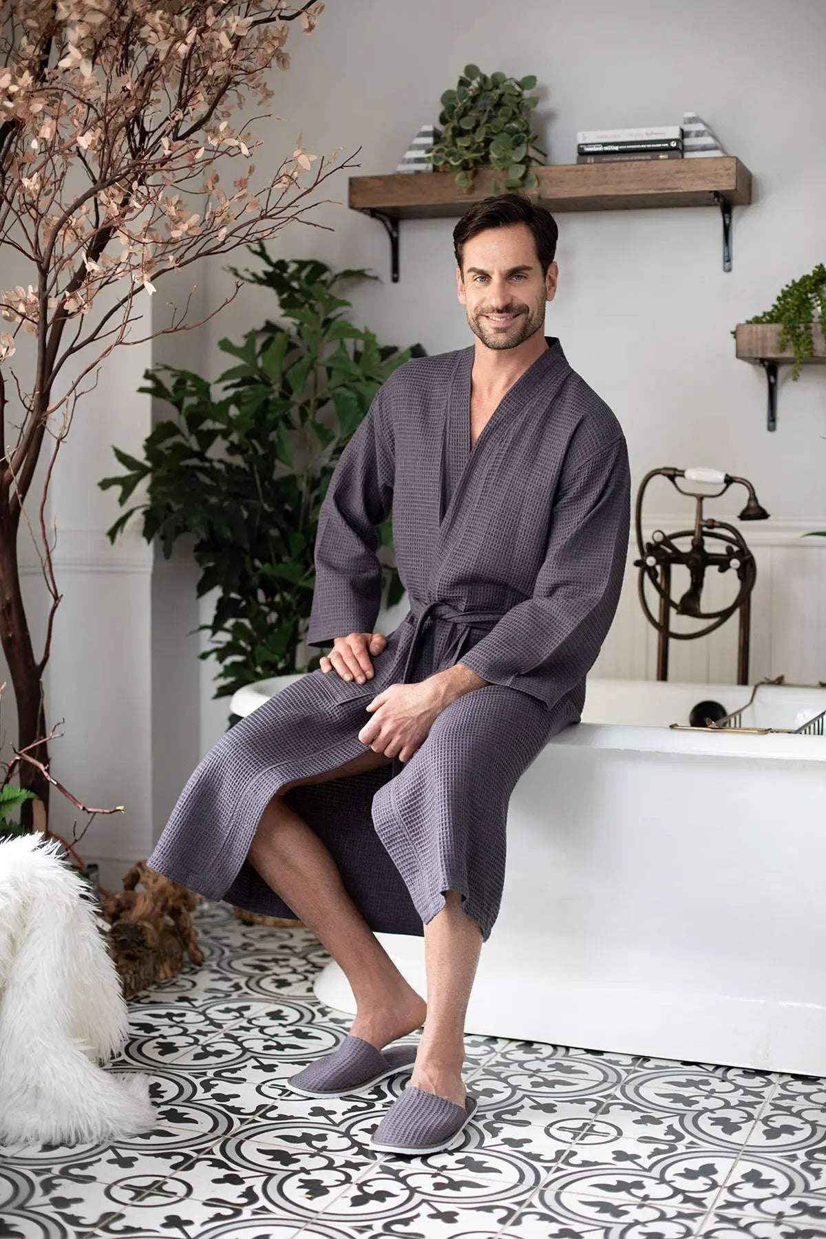 Waffle Kimono Spa Bathrobe for Men - Absorbent, Lightweight