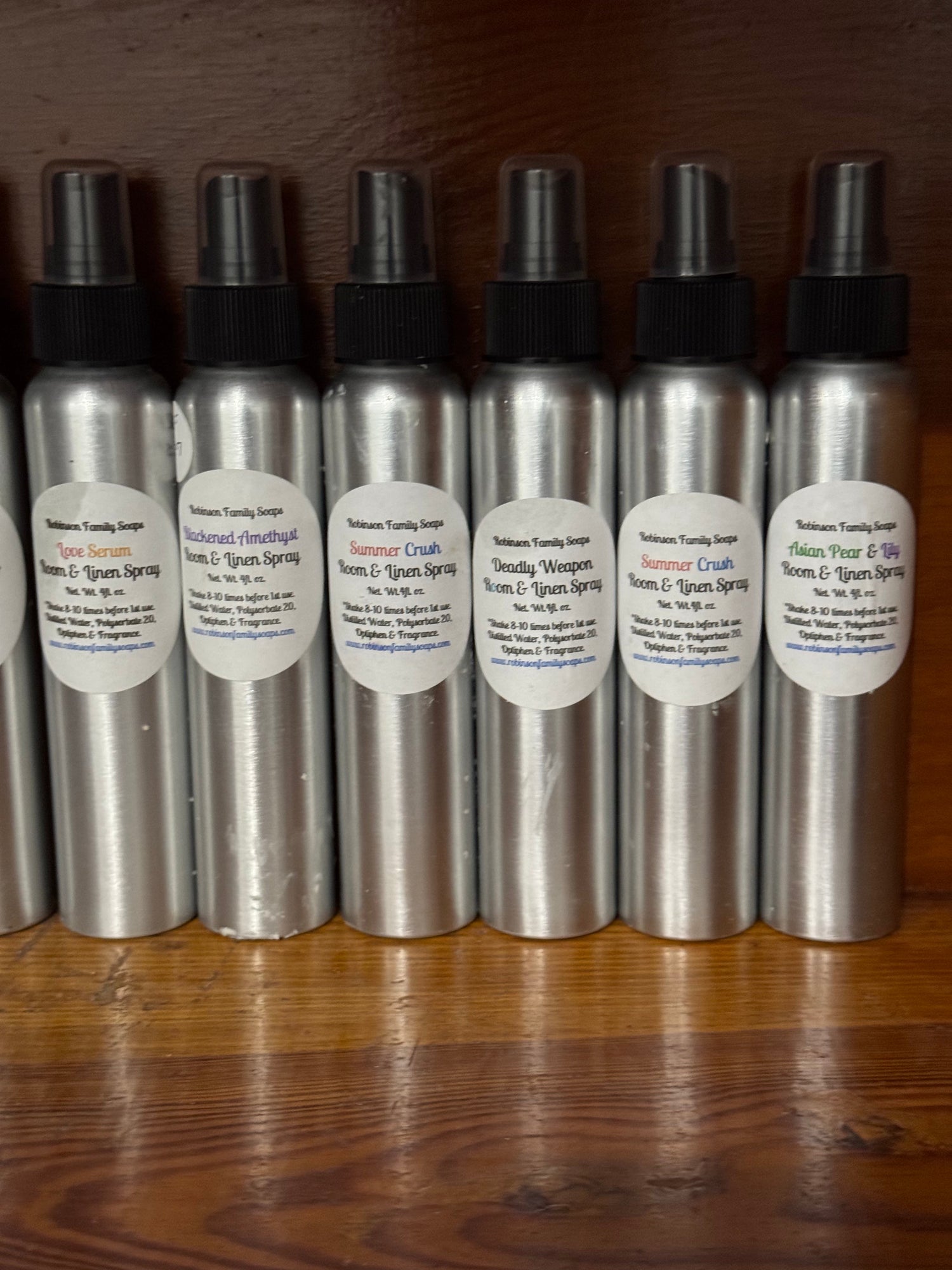 six aluminum bottles with fine-mist sprayers for our room & linen sprays. 