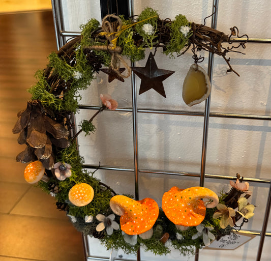 Moon Mushroom Wreaths wreaths crafty shenanigans orange yellow and white