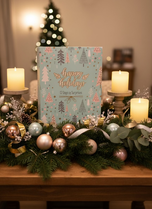 Gift box with 'happy holidays' and '12 Days of Surprises' text, featuring tree patterns on a light blue background.